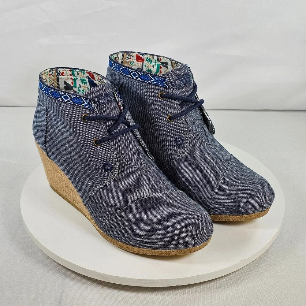 Skechers BOBS Denim Wedge Booties Navy Blue Lace Up Desert Boots 34288 NVY 7